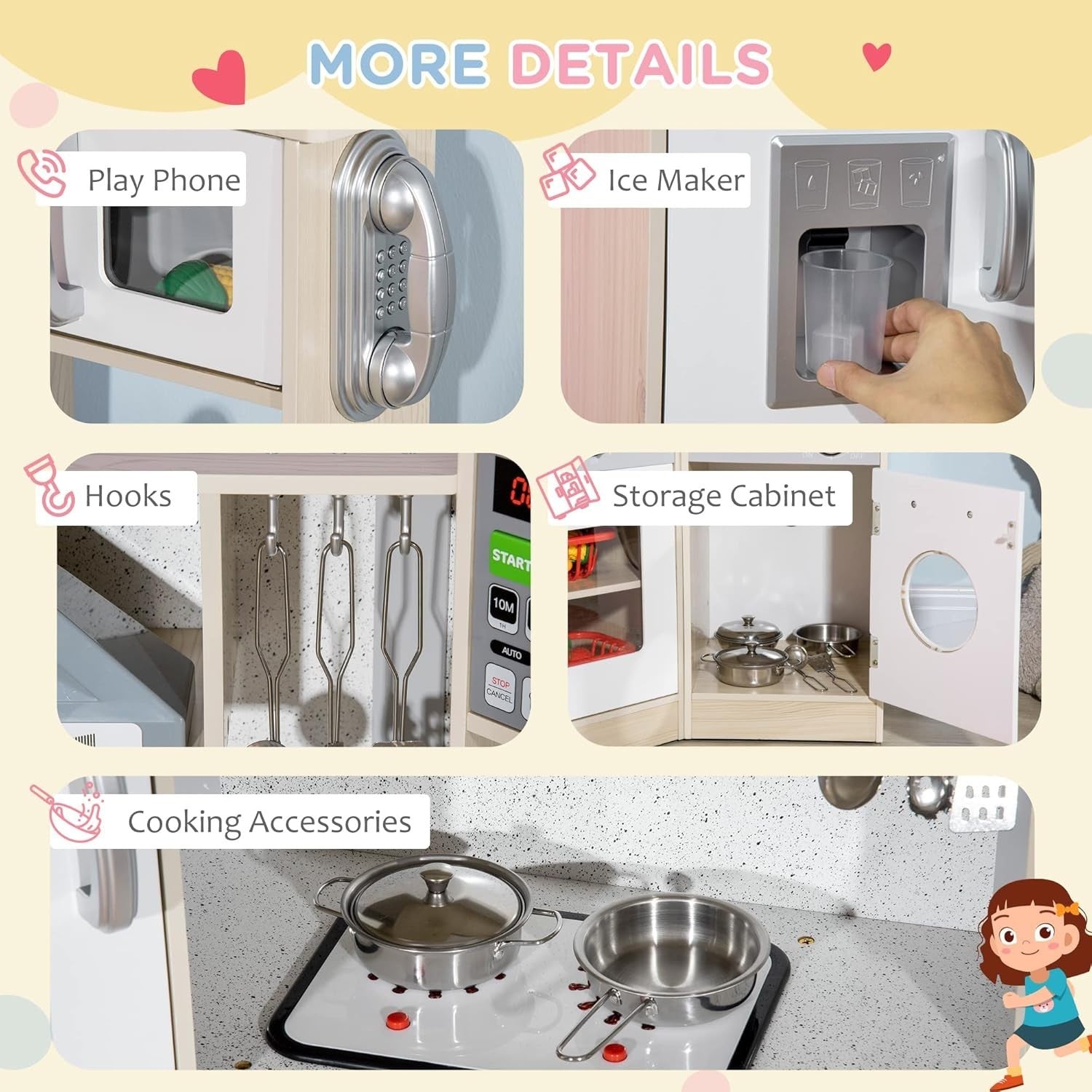 Kids Wooden Play Kitchen Set w/ Lights Sounds Phone Storage Toys