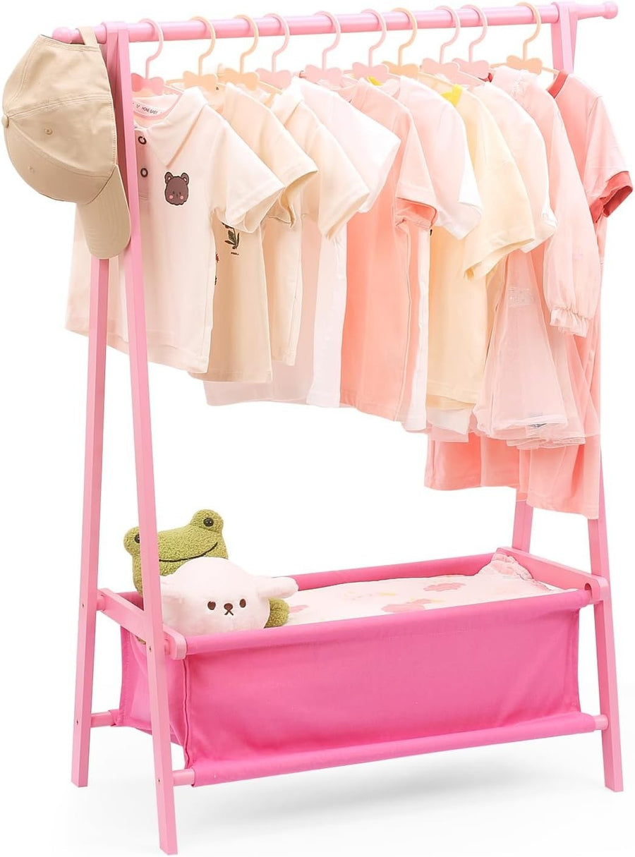 Pink Bamboo Kids Clothes Rack Dress Up Storage Stand