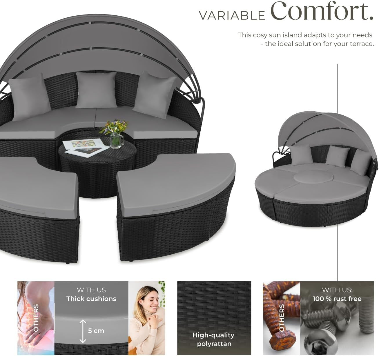 Modular 5-Piece Outdoor Rattan Daybed Set with Adjustable Canopy & Cushions