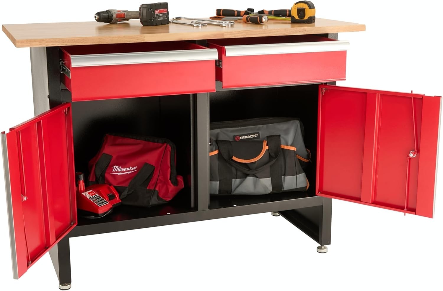 Storage Workbench with Lockable Cabinets Drawers Steel Frame Wood Top 1200mm