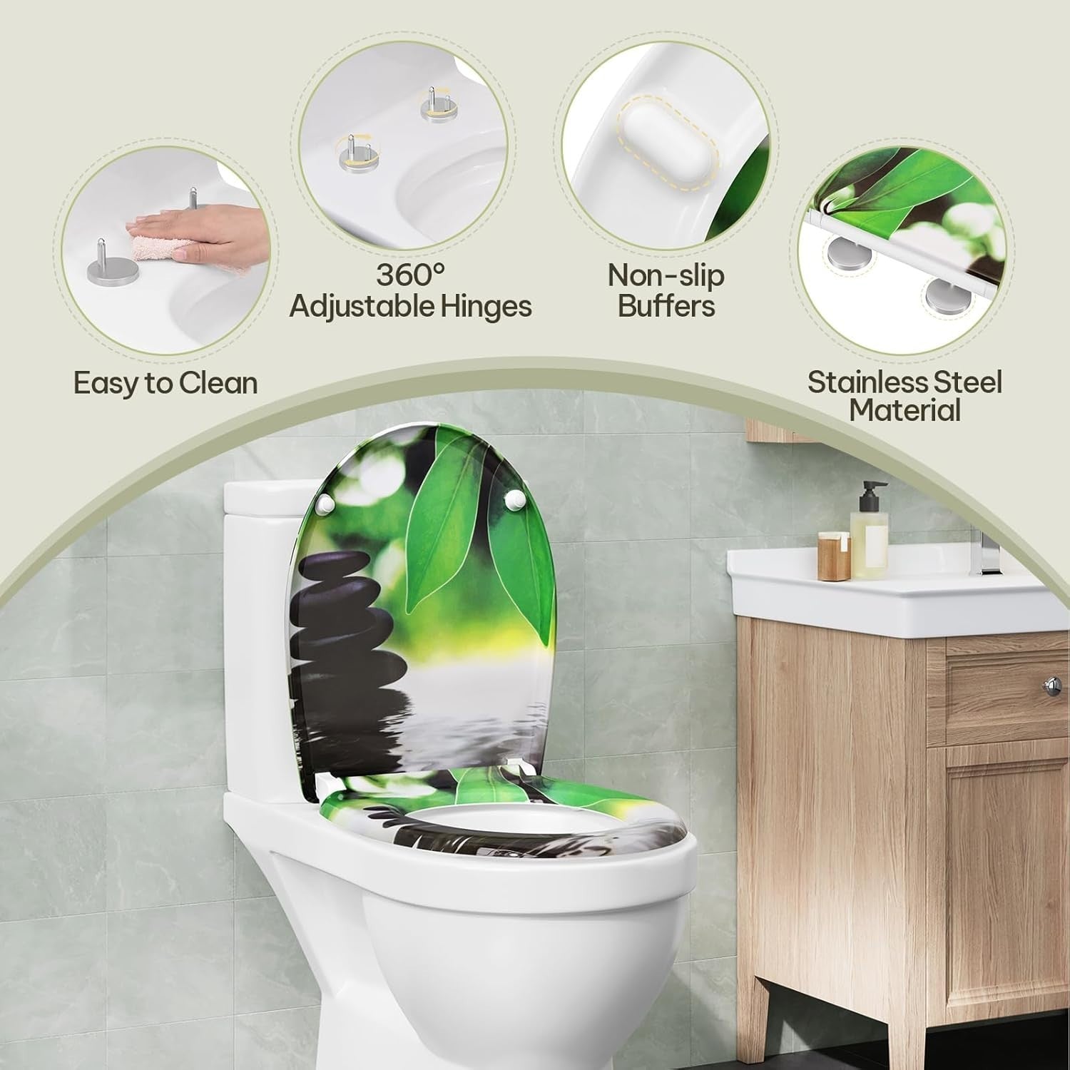 Soft Close O-Shaped Toilet Seat Quick Release Duroplast Green Leaves Print