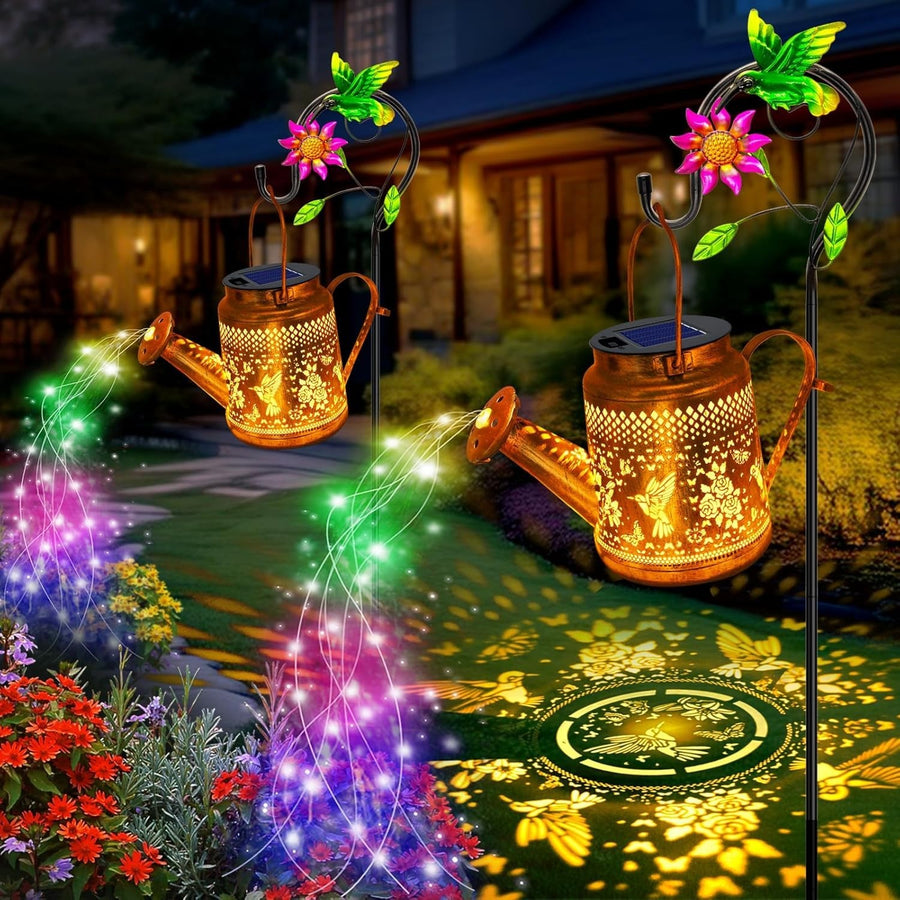 2 Pack Solar Watering Can Lights Hummingbird Garden Decor Lantern