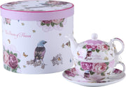 Tea for One Teapot Cup Saucer Set Bird Rose Butterfly Gift Box Floral