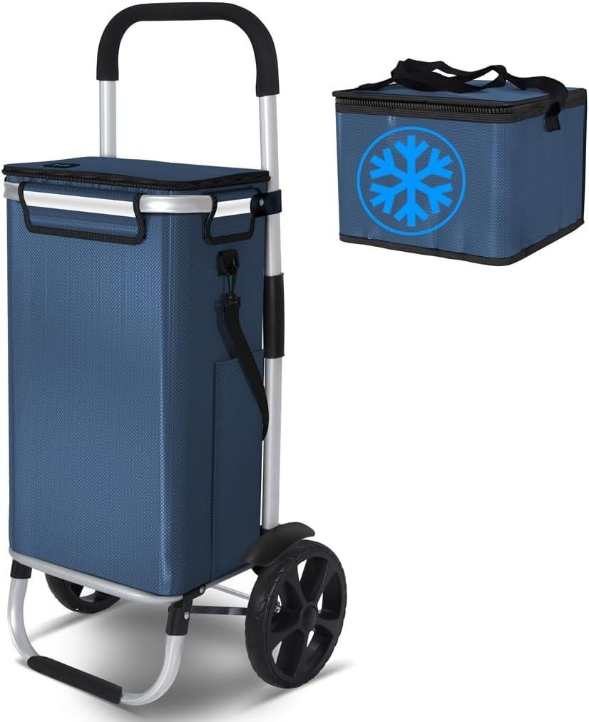 58L Folding Shopping Trolley Navy Blue Aluminium Basket with Cooler Bag