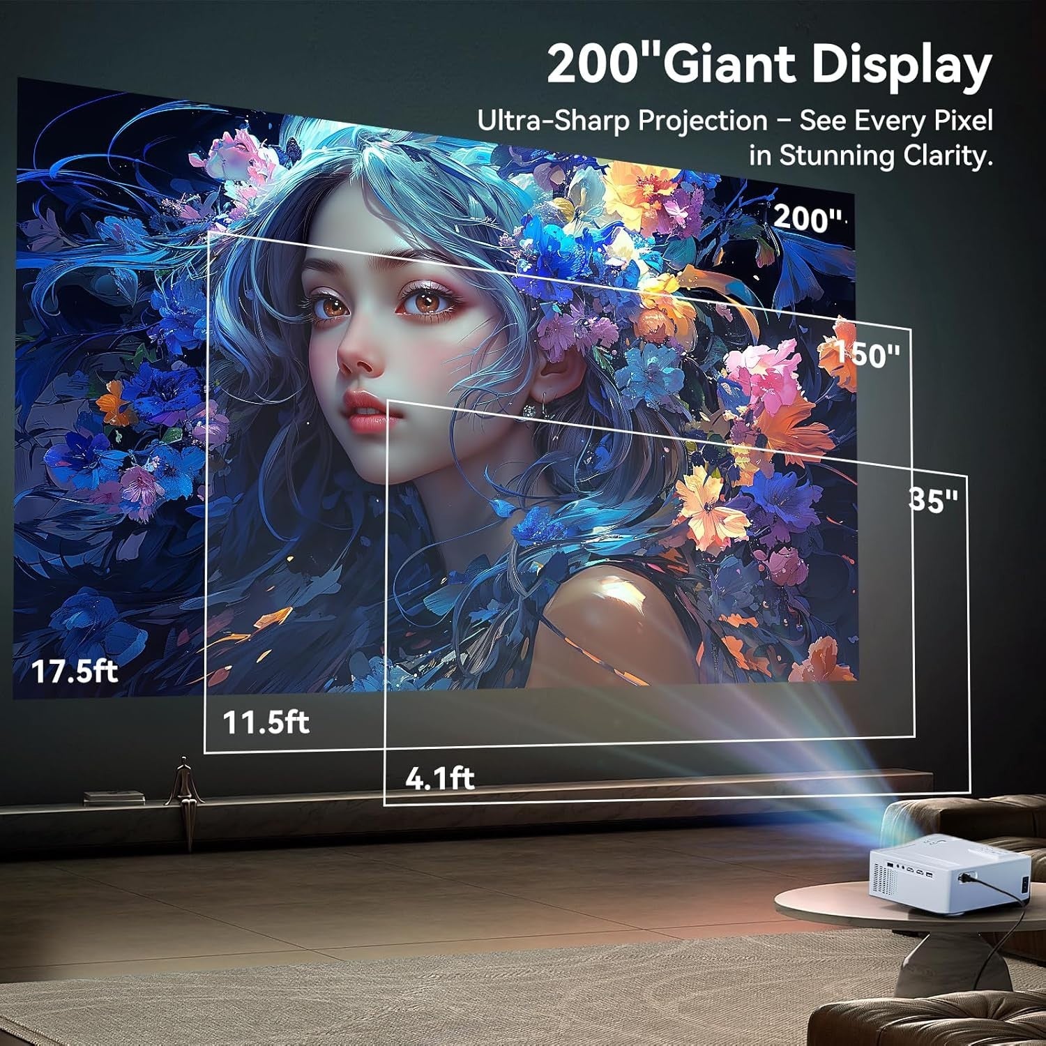 1080P WiFi 5G Bluetooth Projector 380 ANSI 200" 4K Outdoor