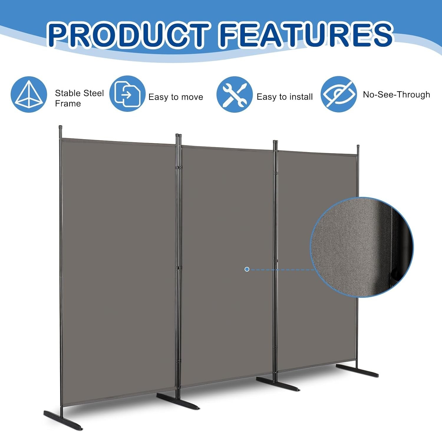 3 Panel Grey Folding Room Divider Privacy Screen Partition for Office Bedroom
