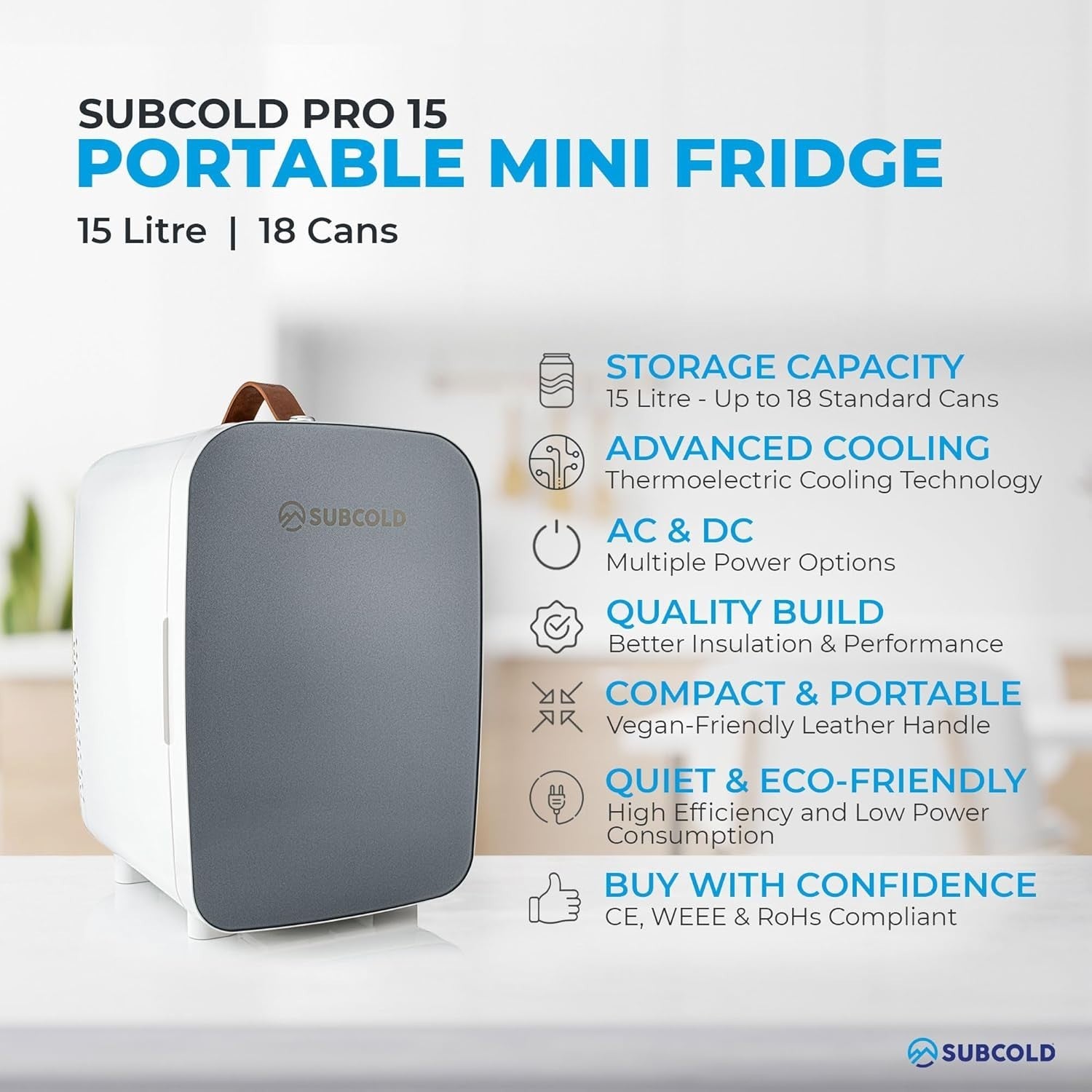 15L Mini Fridge Portable Grey AC/DC Cooler Bedroom Car Use