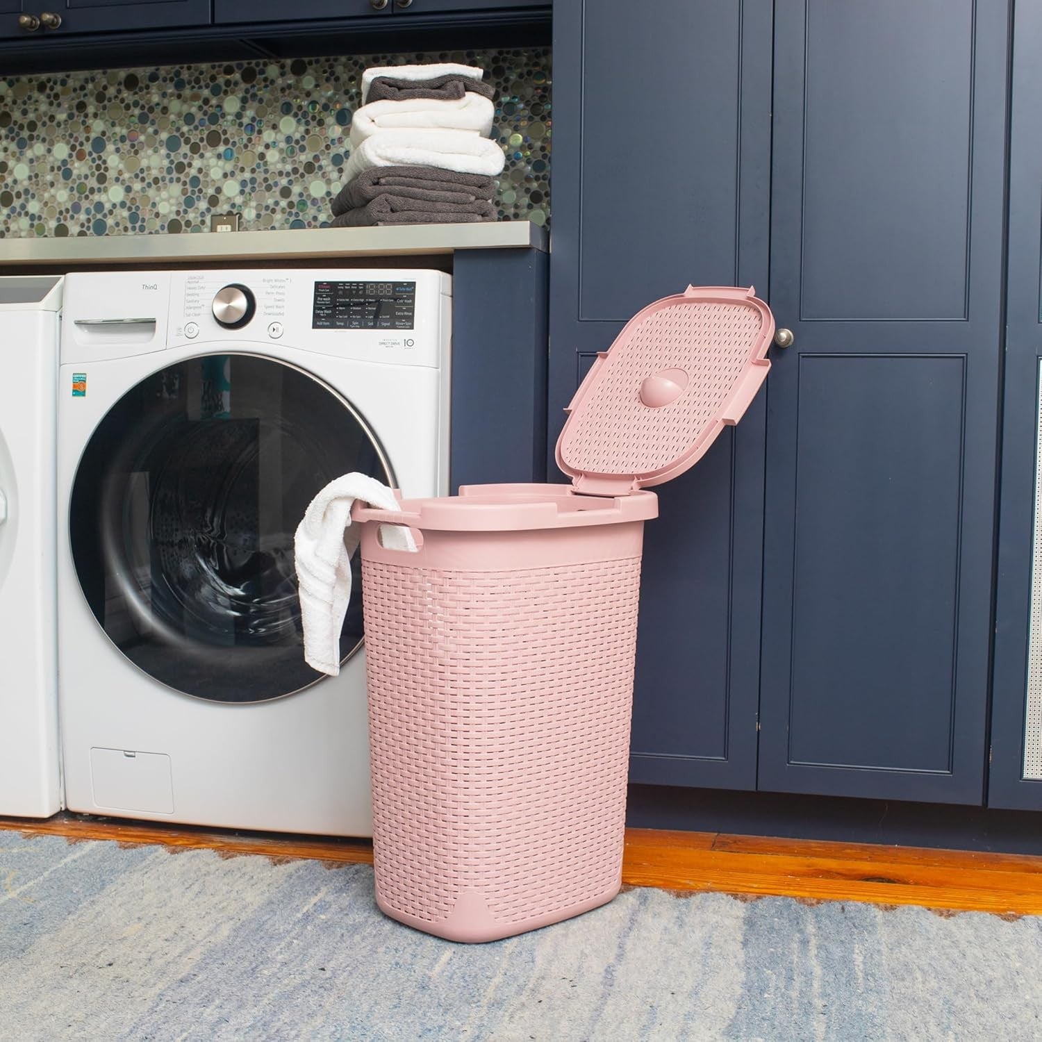 Set of 2 Slim Pink Laundry Hampers 60L with Lid Ventilated & Handles