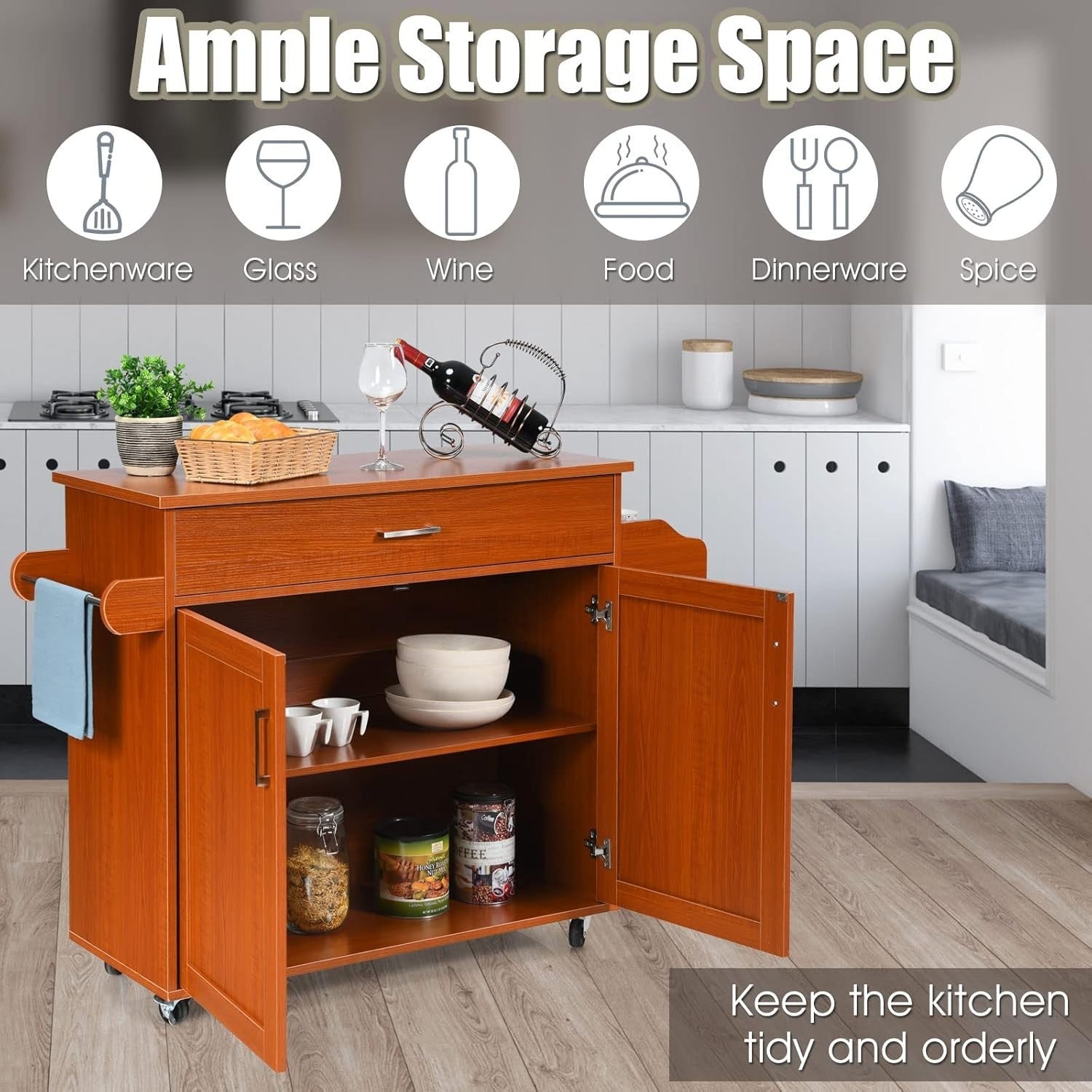 Large Kitchen Island Trolley Drawer Cabinet 116cm Brown