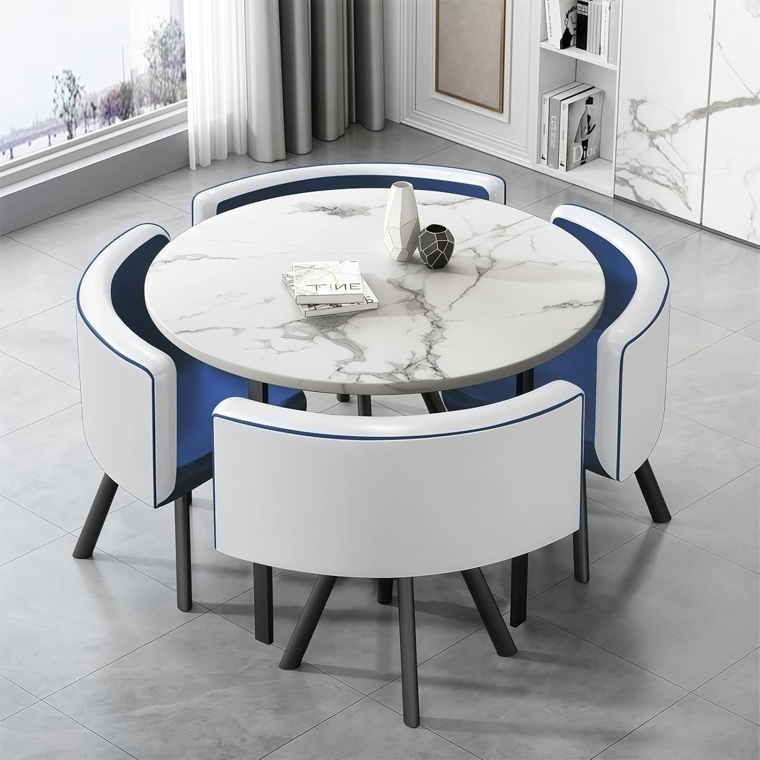 White 35.4" Dining Set w/ 4 Blue Chairs – Space-Saving Faux Marble Table