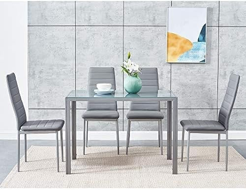 Modern 4-Seater Glass Dining Table Set with Grey Faux Leather Chairs