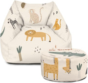 Safari Animal Kids Bean Bag Chair & Footstool Set - Armchair Style Seat