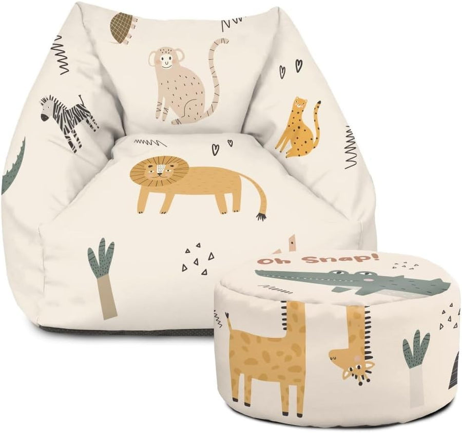 Safari Animal Kids Bean Bag Chair & Footstool Set - Armchair Style Seat