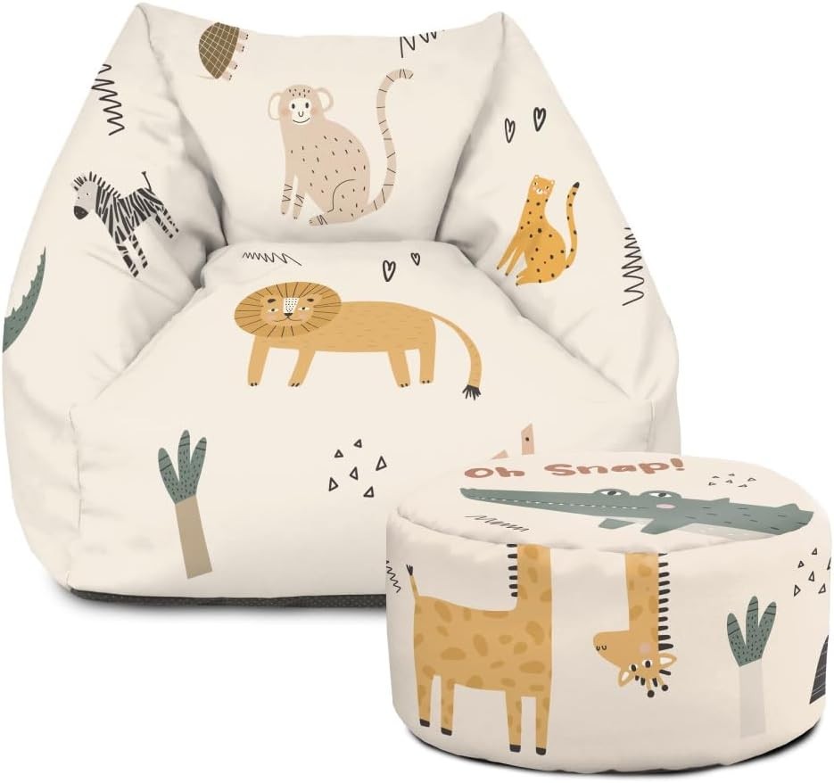 Safari Animal Kids Bean Bag Chair & Footstool Set - Armchair Style Seat