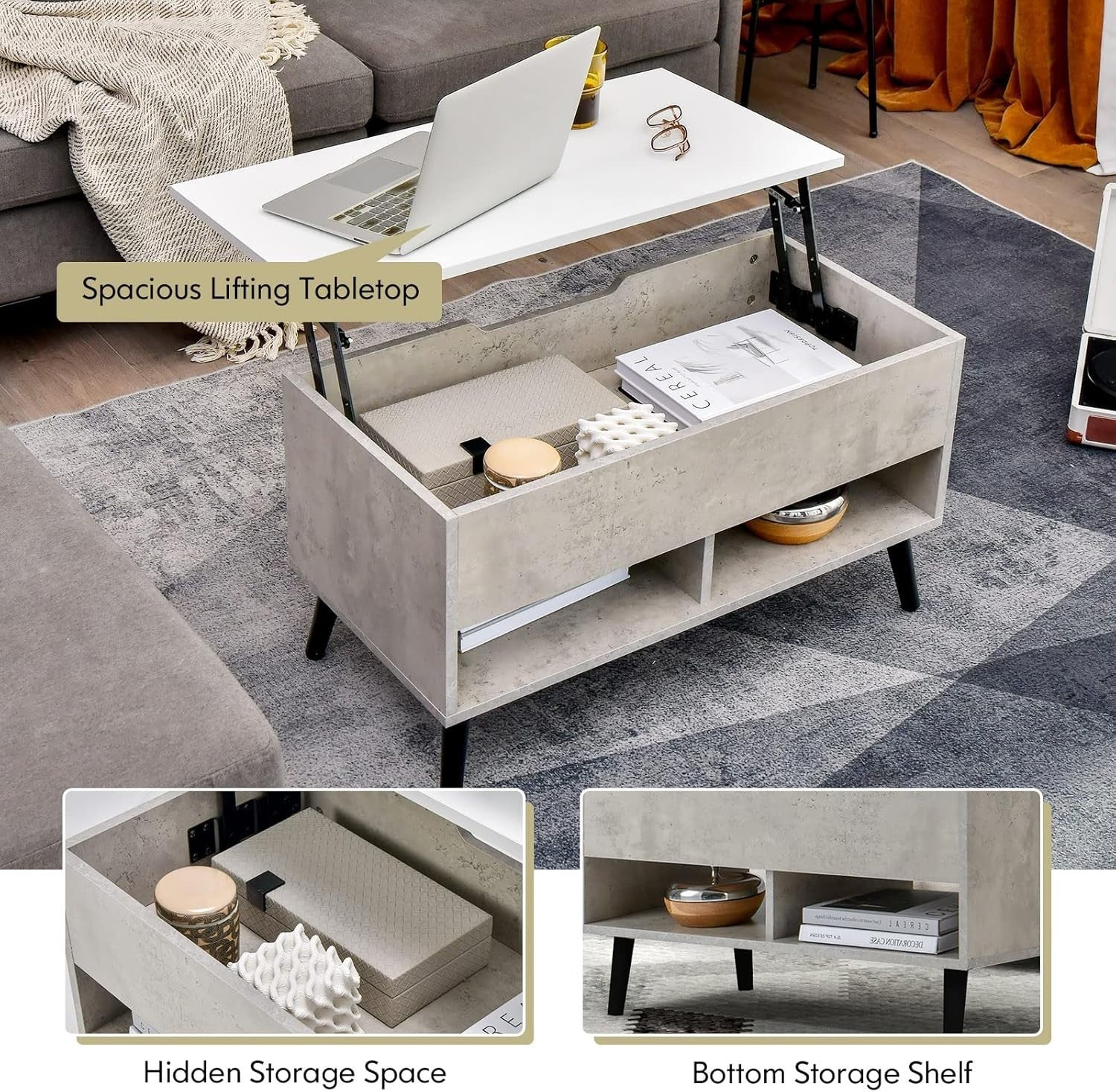 Grey Lift Top Coffee Table with Storage & Shelves – Adjustable, 80cm Modern