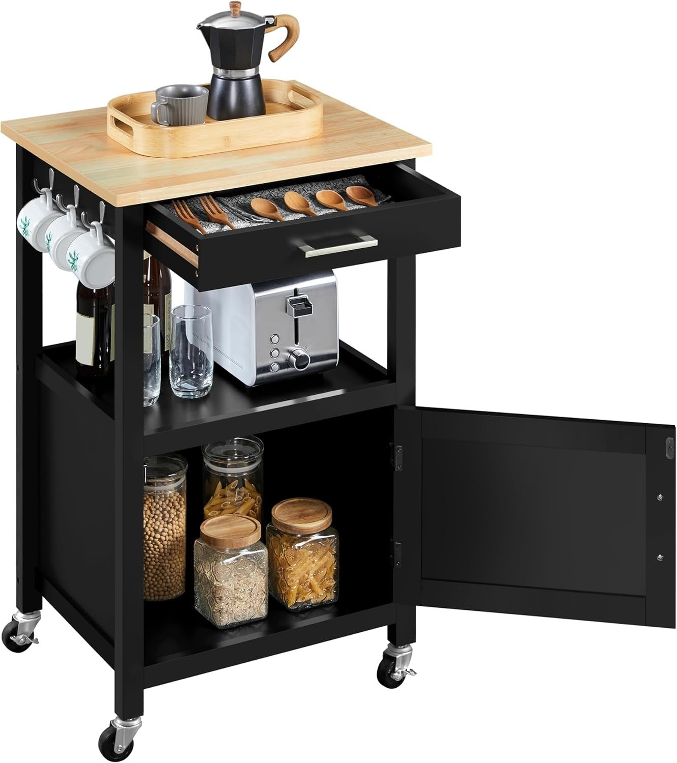 Kitchen Island Trolley on Wheels with Cabinet Drawer Hooks Rolling Utility Cart