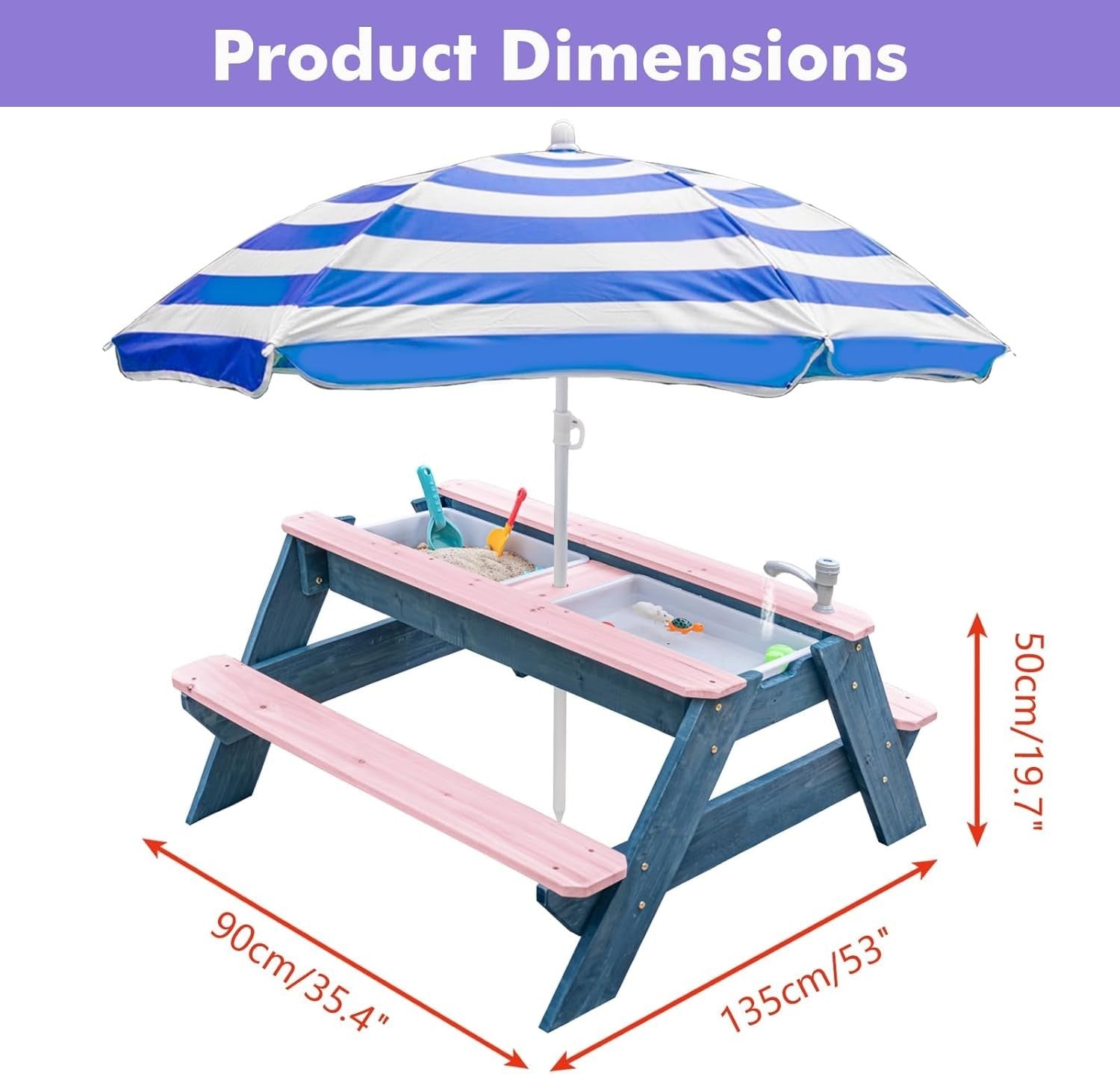 Kids Outdoor Sand & Water Picnic Table with Umbrella | 3-in-1 Wood Play