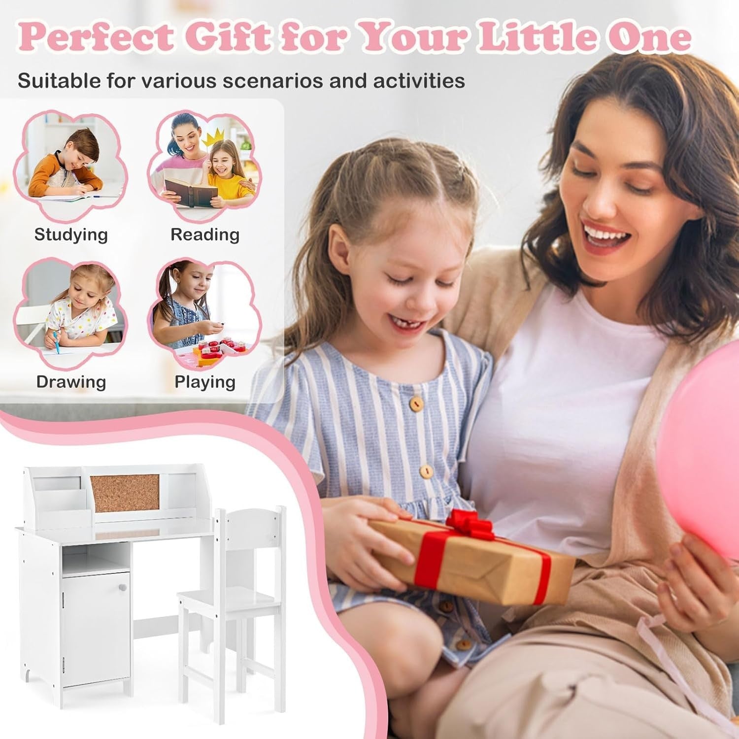 Kids Wooden Study Desk and Chair Set with Storage Whiteboard White