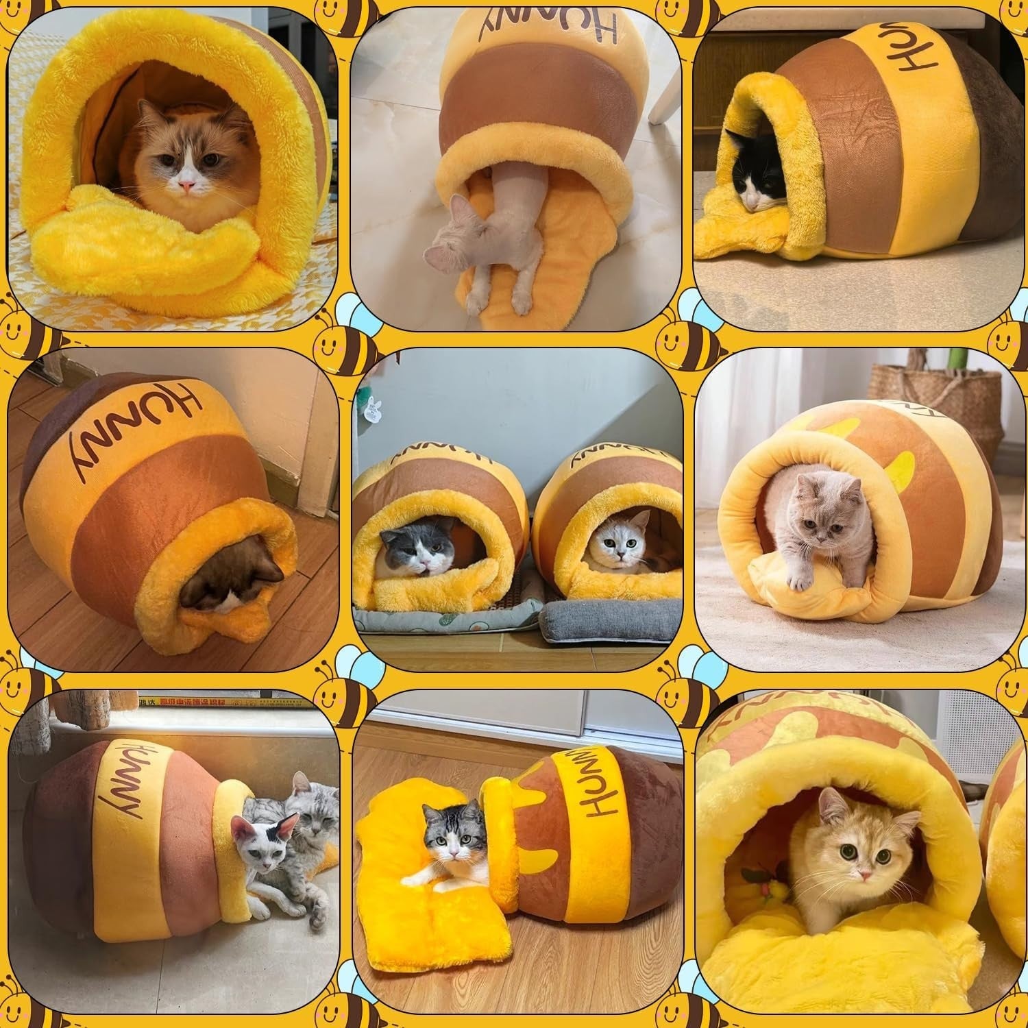 Honey Pot Cat Cave Bed Soft Plush Pet Nest w Washable Cushion