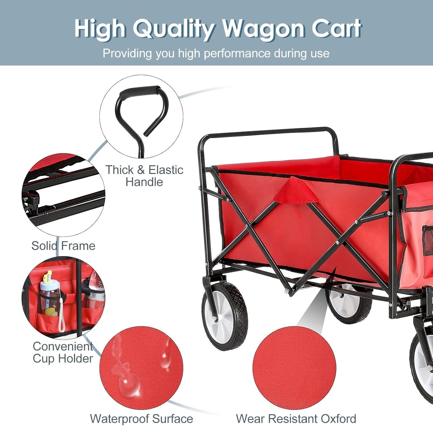 Red Folding Camping Wagon Heavy Duty Collapsible Garden Beach Cart w/ Side