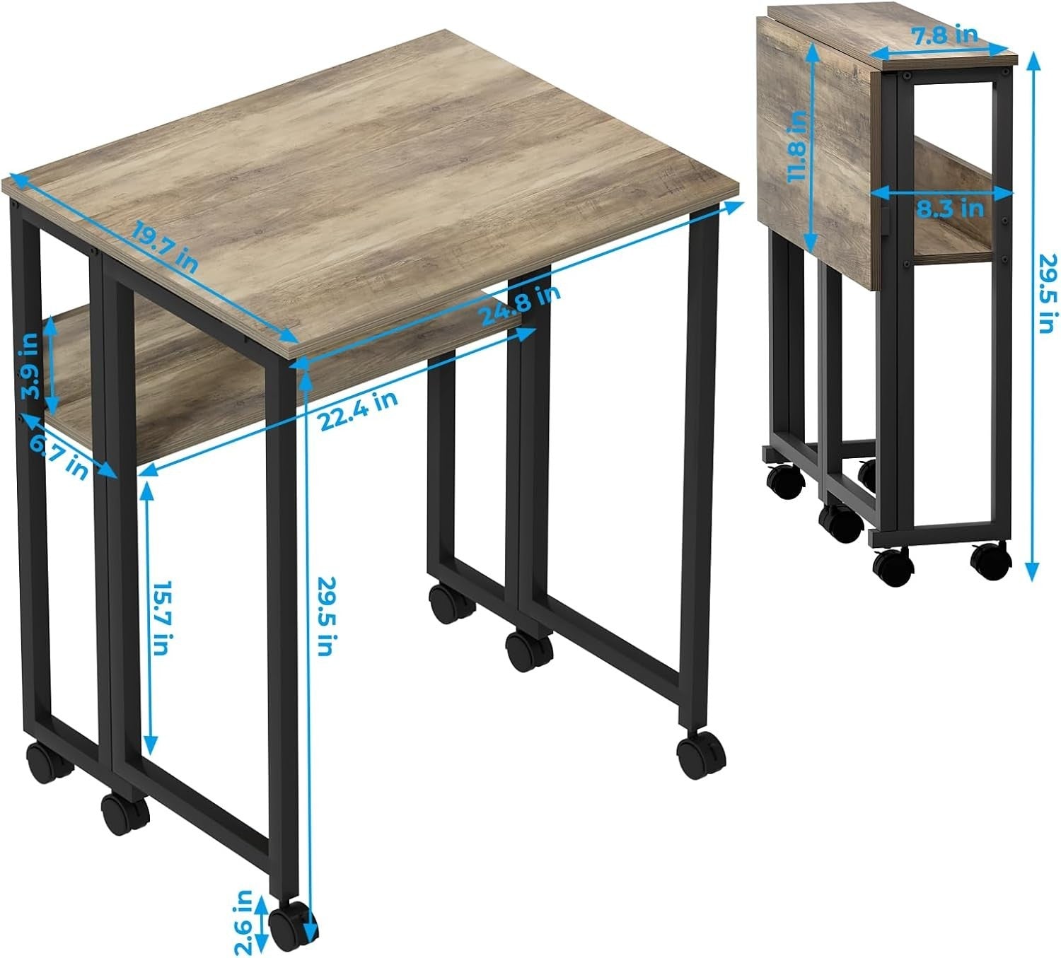 Folding Desk with Shelf & Wheels 63cm Compact Grey Wash Computer Table
