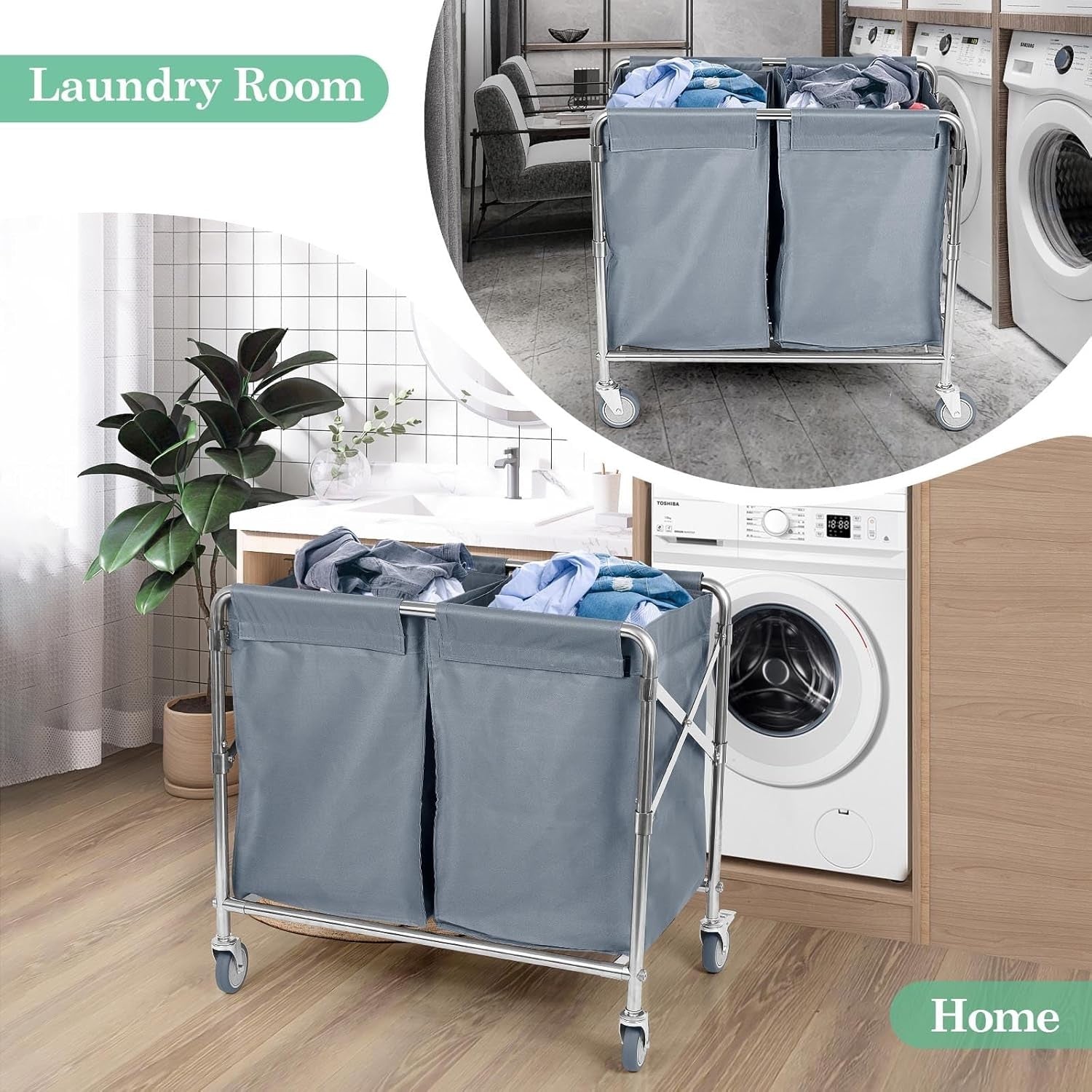 300L Heavy Duty 2-Section Laundry Trolley on Wheels | Commercial Folding Laundry