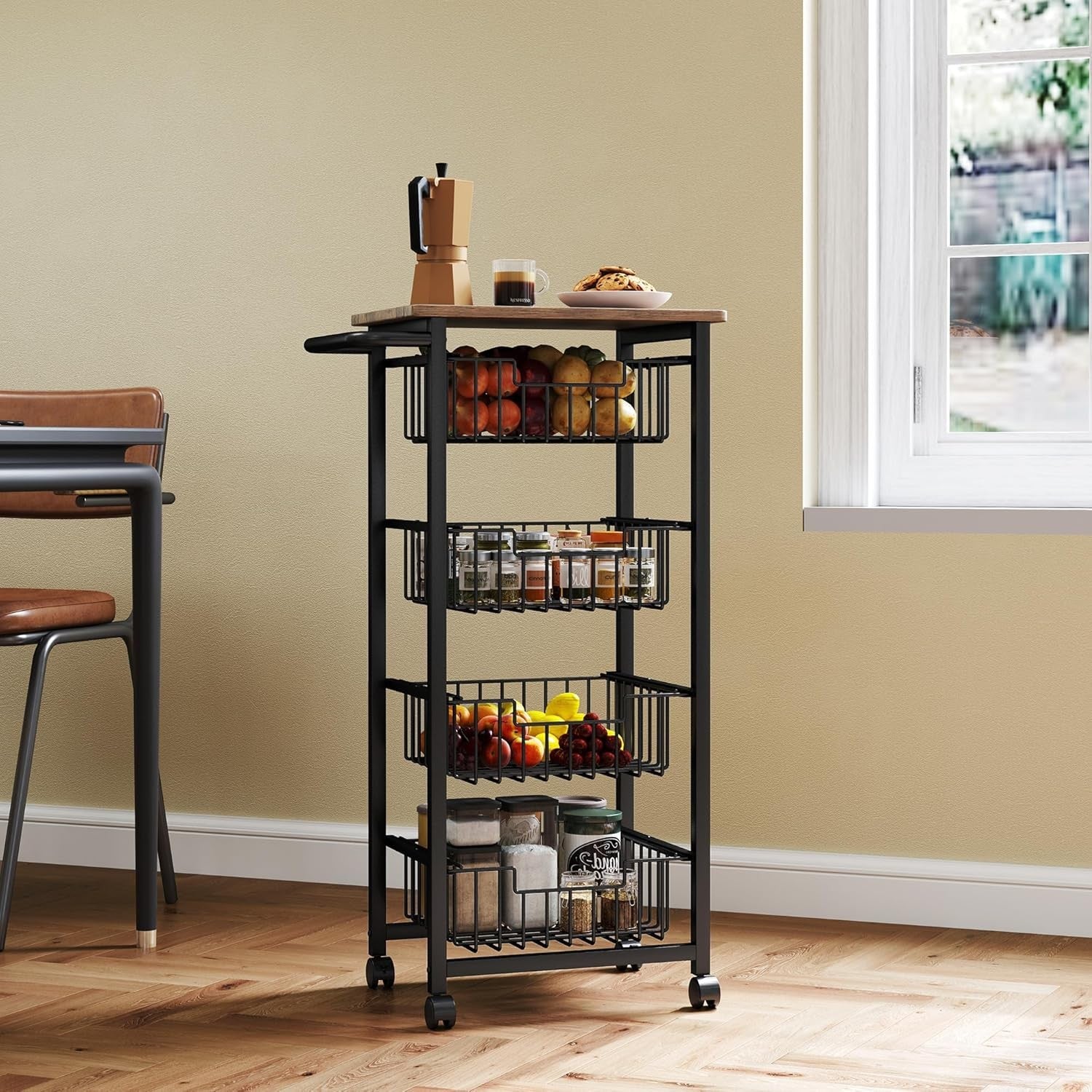 4 Tier Kitchen Storage Trolley with Pull Out Baskets Rolling Utility
