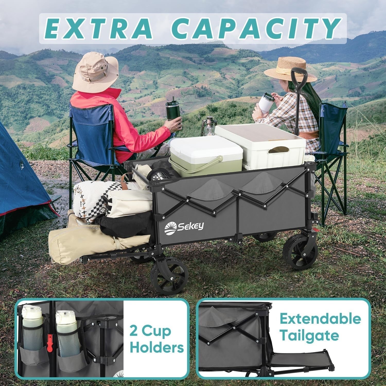 Grey 185L Folding Camping Wagon 200kg Heavy Duty All Terrain Festival Trolley