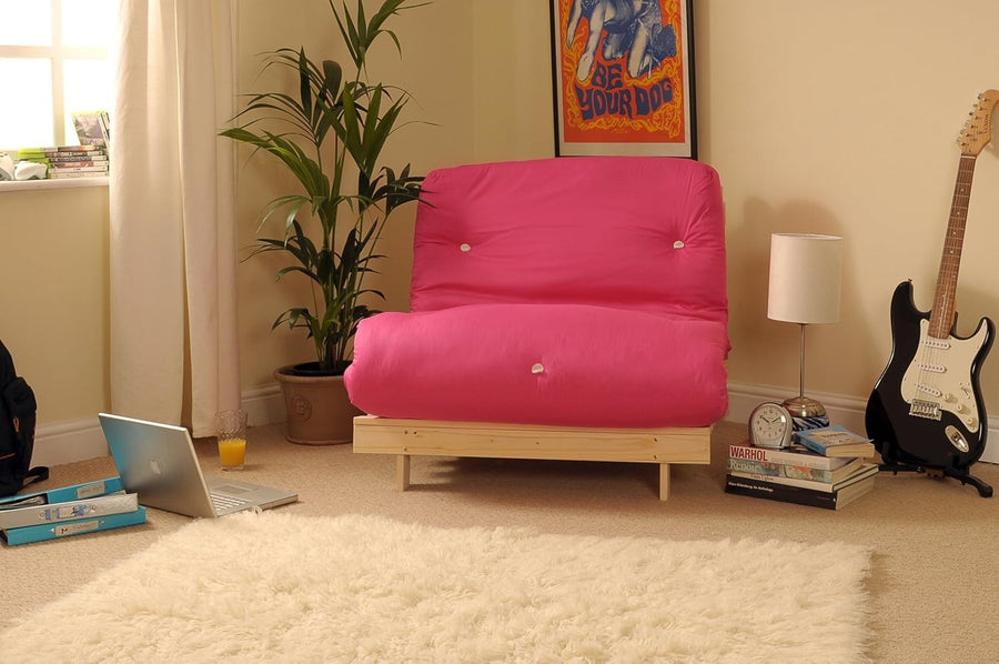 Small Single Wooden Futon Bed Chair 2ft6 Tufted Pink Mattress Compact