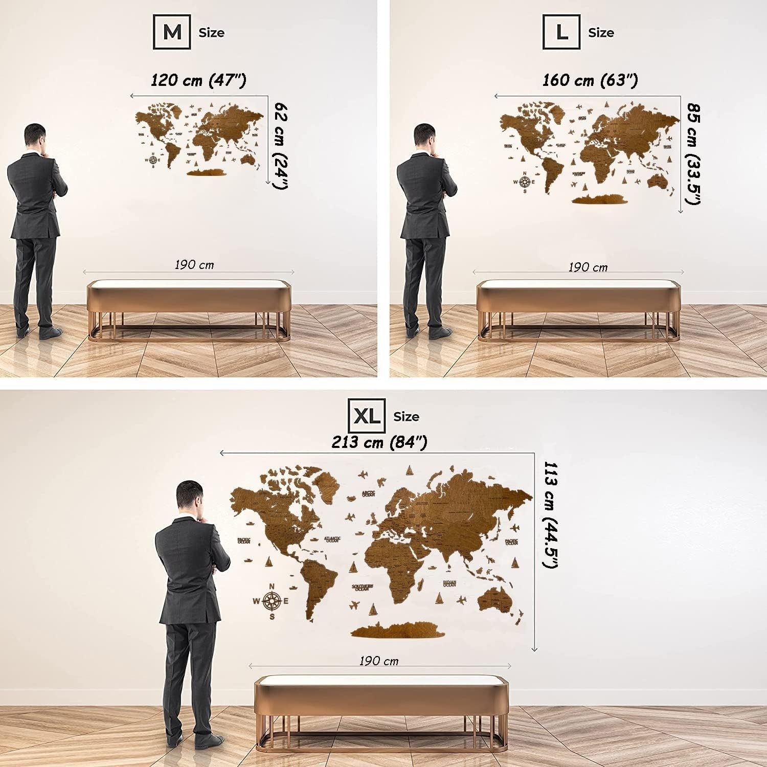 XL 3D Wooden World Map Wall Art Venge Travel Decor Home Office