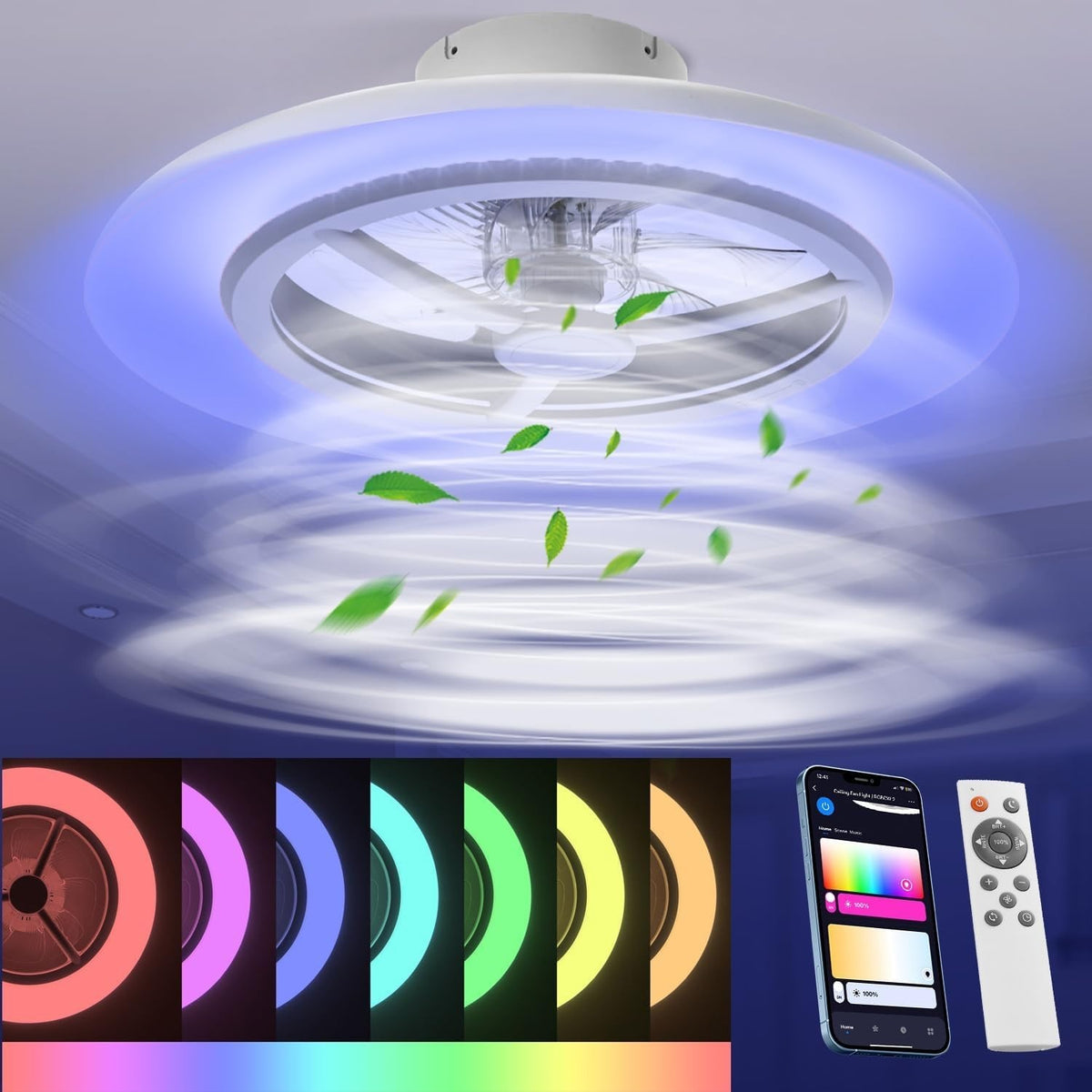 55CM Smart LED Ceiling Fan Light, Adjustable Speed, RGB Dimming 3000-5500K