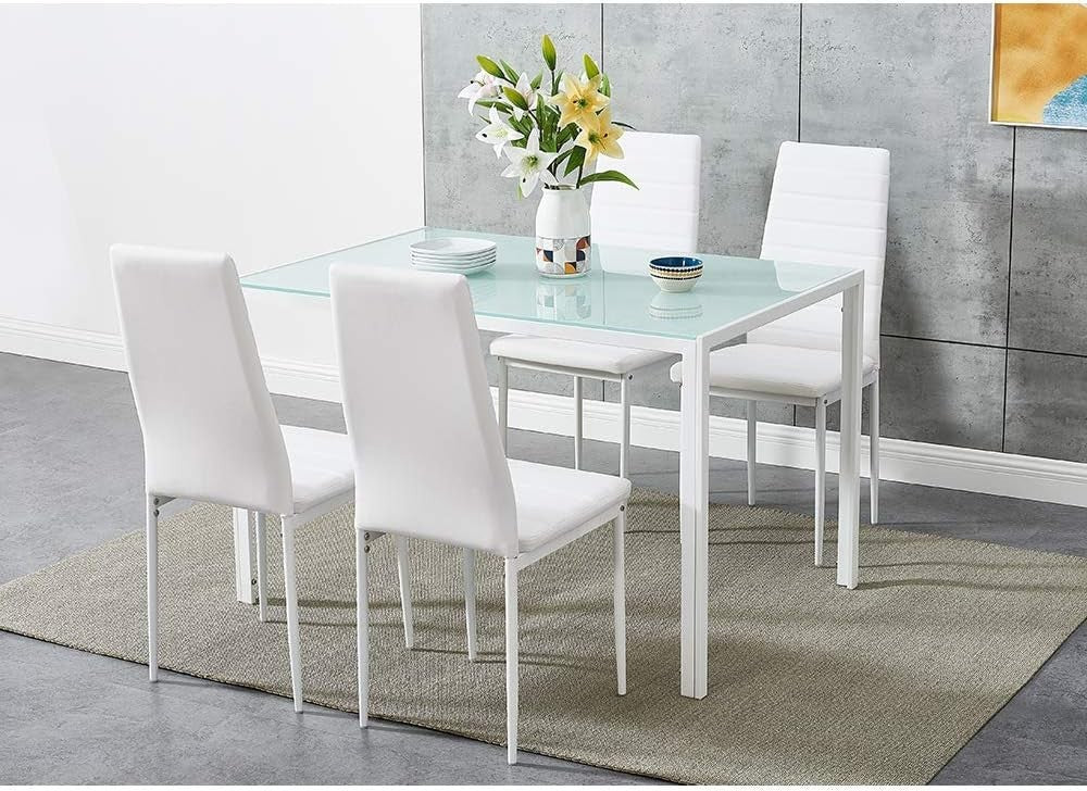 White Tempered Glass Dining Table & 4 PU Leather Chairs – Compact & Modern