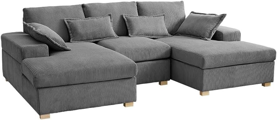 U-Shape Jumbo Cord Sofa Dark Grey 4-Seater | Deep Seat + Optional Footstool