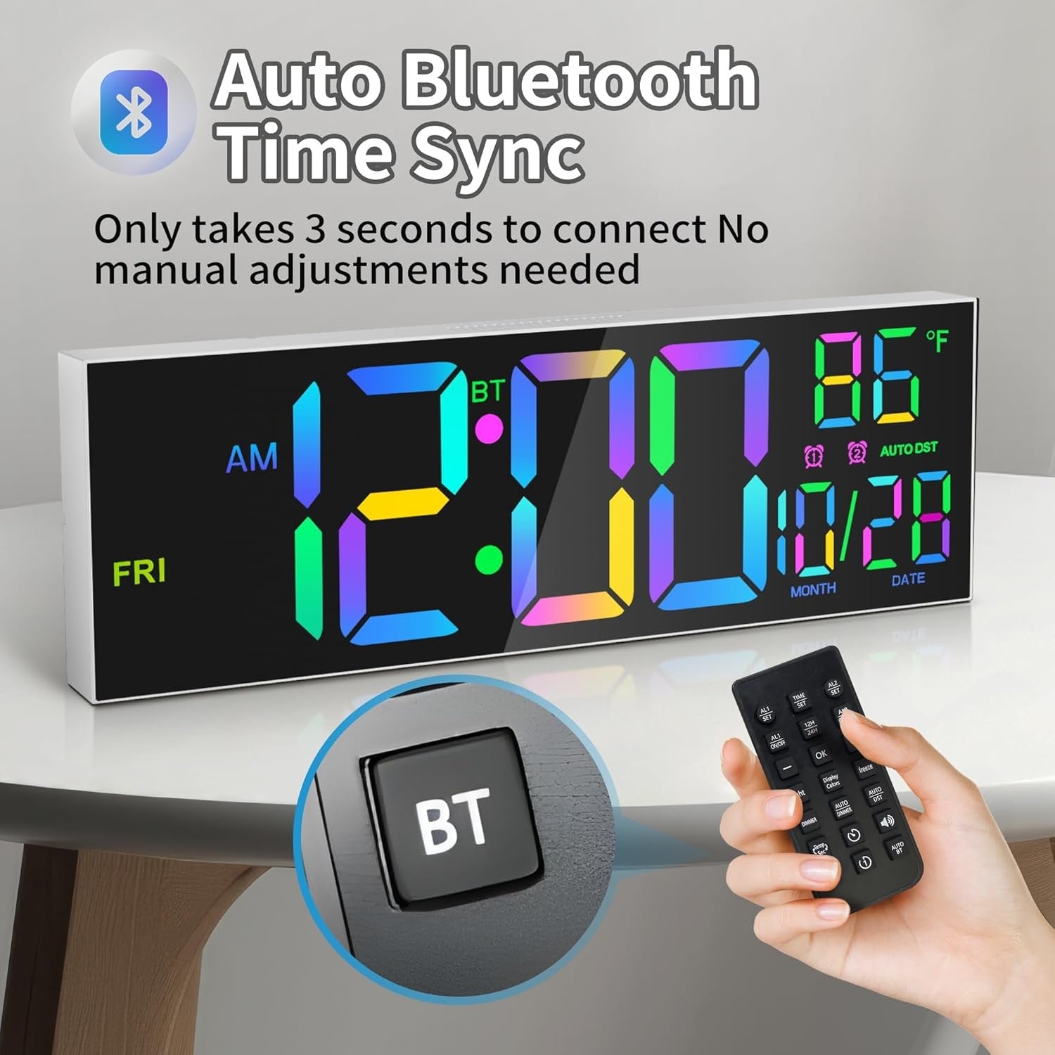 16.5" Large Digital Wall Clock RGB LED Display Temp Date Alarm Remote Sync