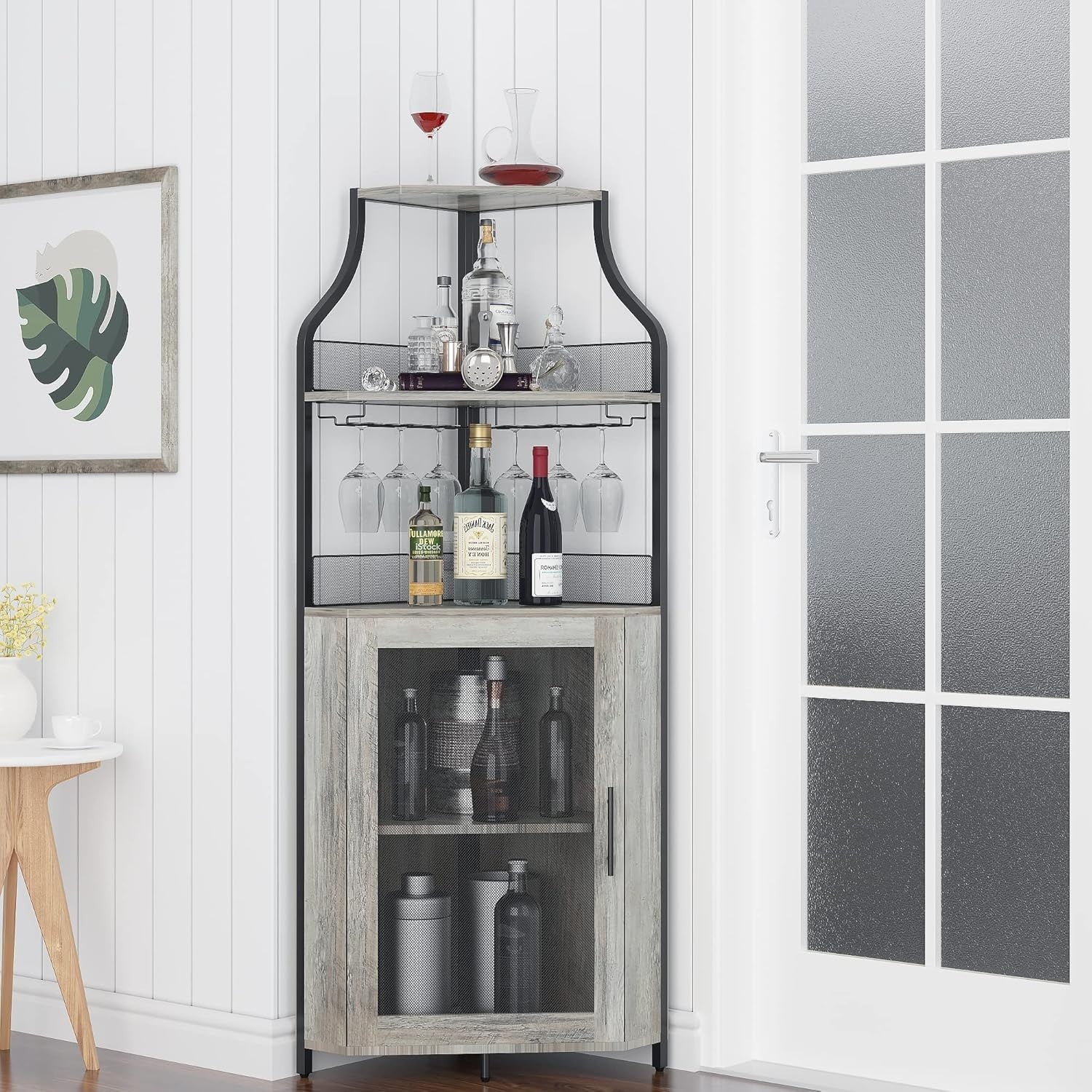 Corner Wine Cabinet with Glass Door & Removable Rack, Industrial Bar