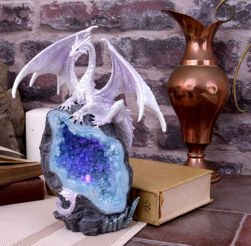 White Dragon Geode Figurine 22cm Crystal Cave Resin Ornament Fantasy Decor Gift