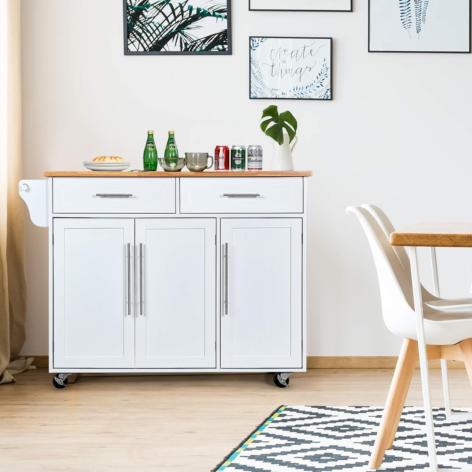 Kitchen Island Cart with Drawers Cabinets Lockable Wheels Solid Wood Top