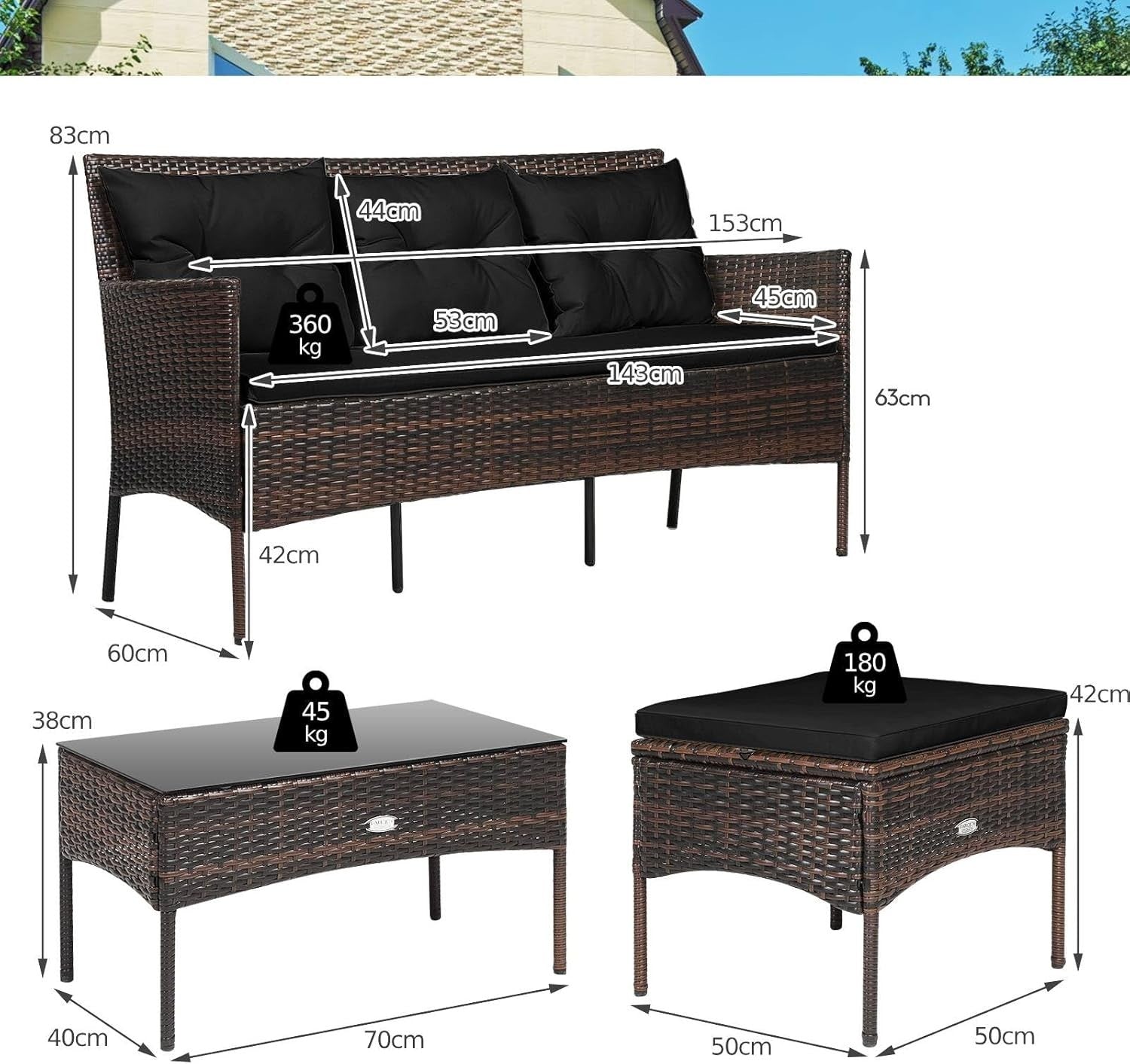 Rattan Garden Sofa Set 4 Seater Outdoor Patio Furniture w/ Ottoman Table