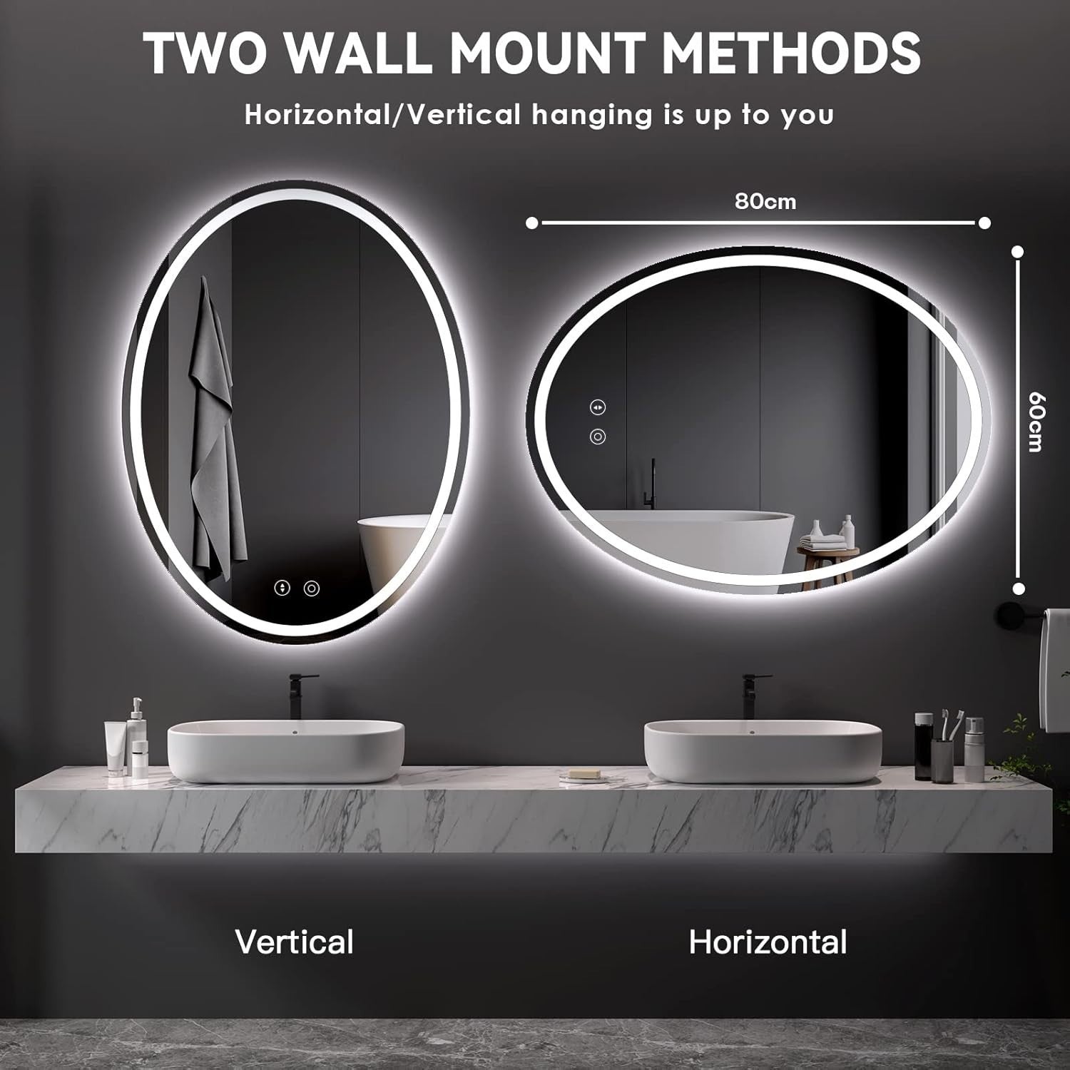 Oval LED Bathroom Mirror 80x60 cm, Anti-Fog, Dimmable 3-Color Light