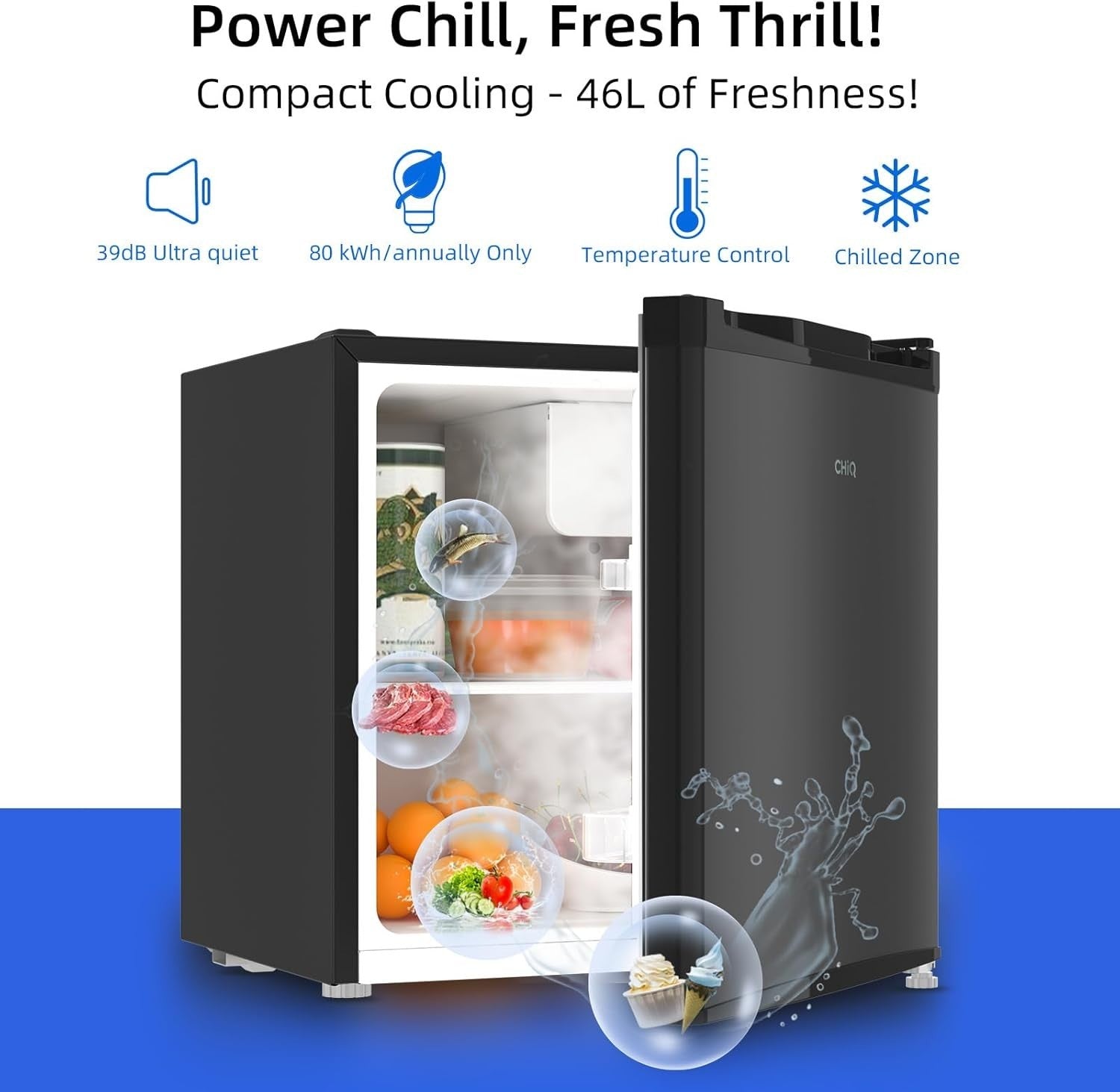 46L Mini Fridge Tabletop Drinks Cooler Adjustable Shelves Low Noise