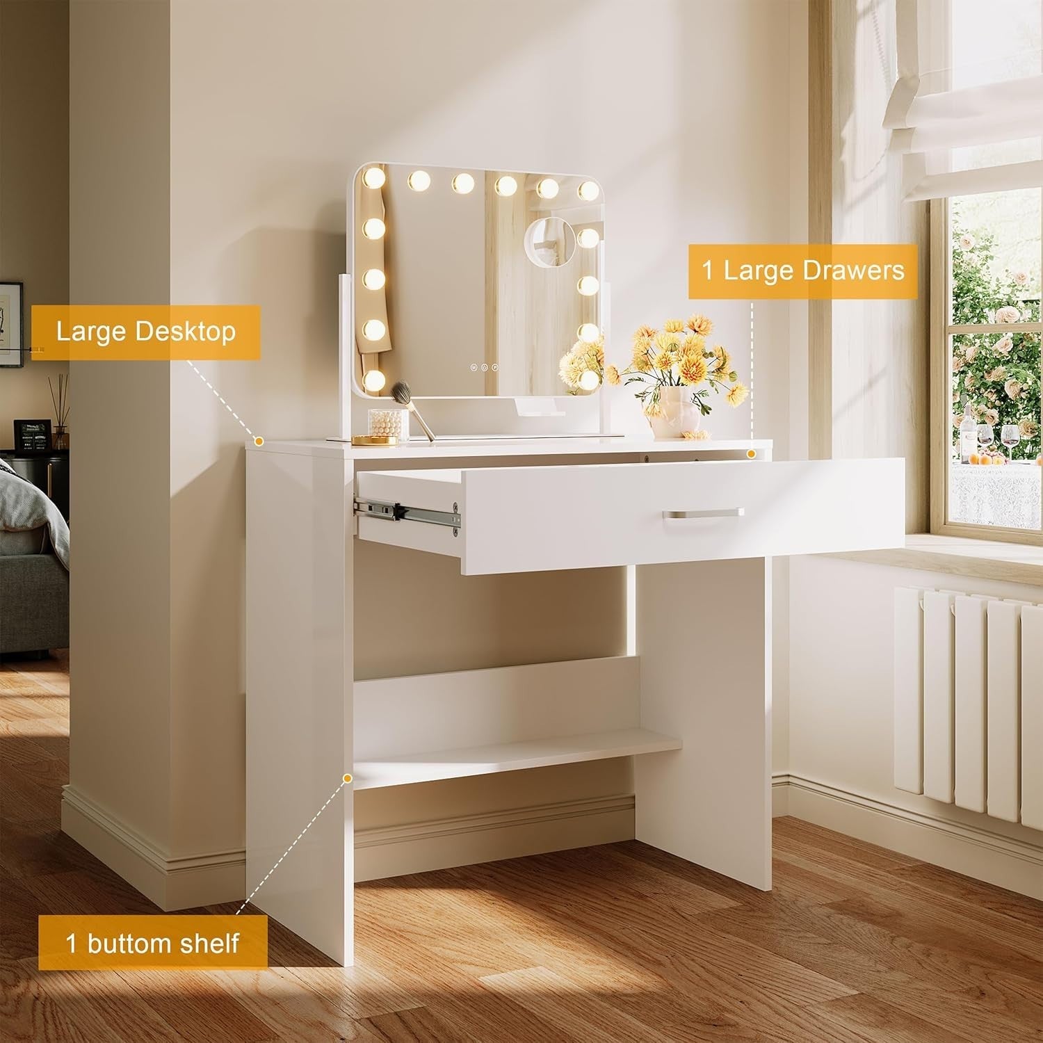 White Dressing Table Makeup Desk Vanity Drawers Storage Large Capacity Mirror