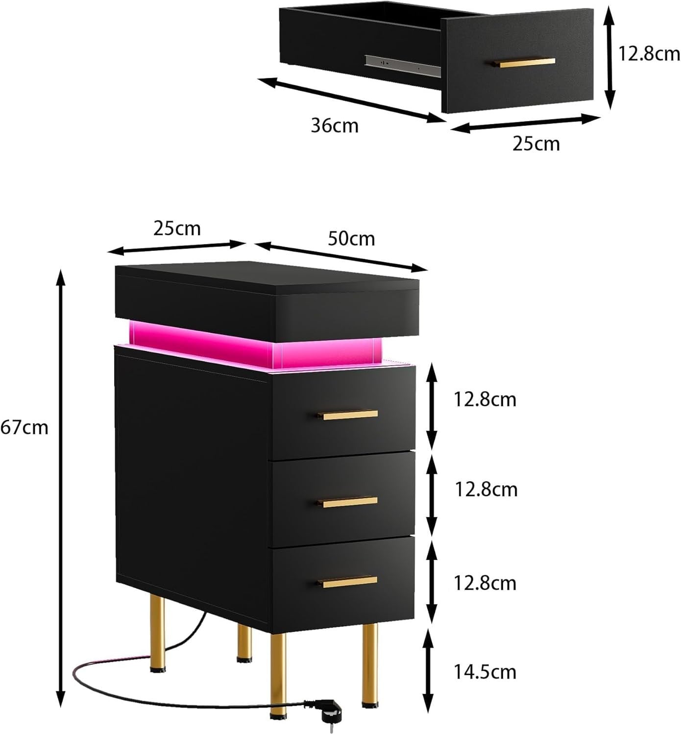 Modern LED Bedside Table with USB Charging, 3 Drawers + Hidden Storage