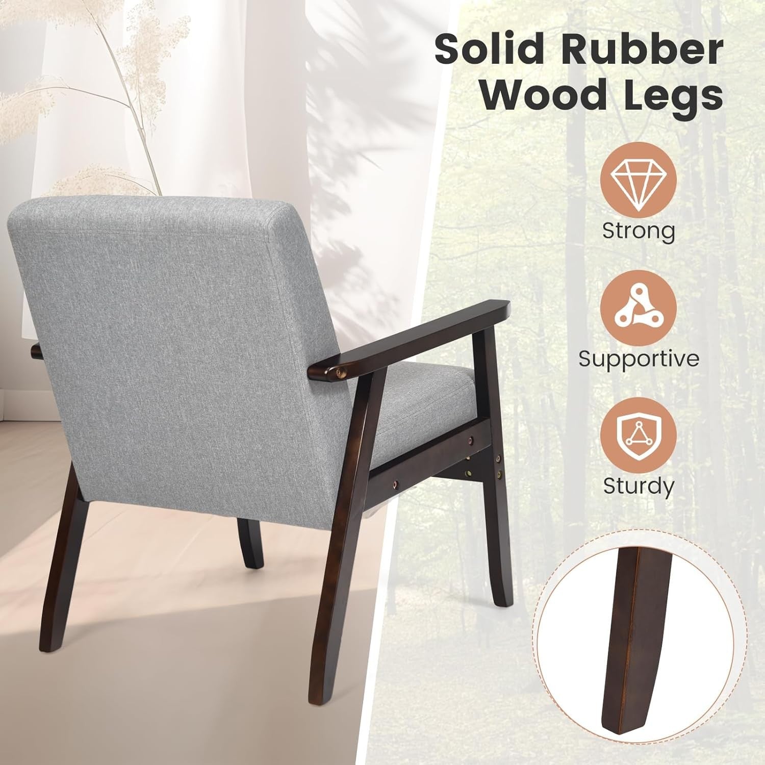 Linen Accent Armchair Rubber Wood Frame Lounge Chair Grey