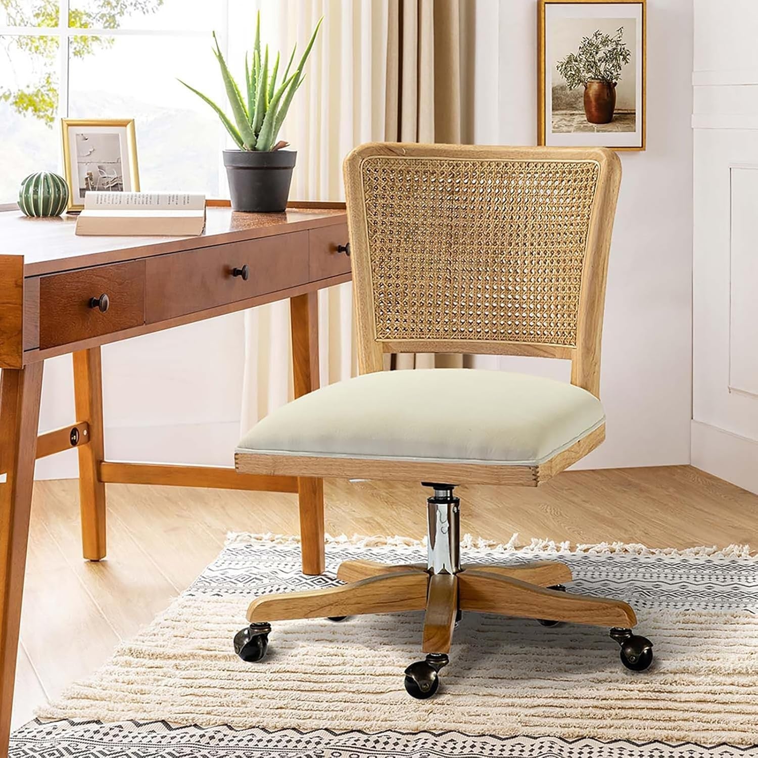 Beige Swivel Office Chair Adjustable Height Upholstered Rattan Desk Seat