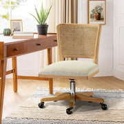 Beige Swivel Office Chair Adjustable Height Upholstered Rattan Desk Seat