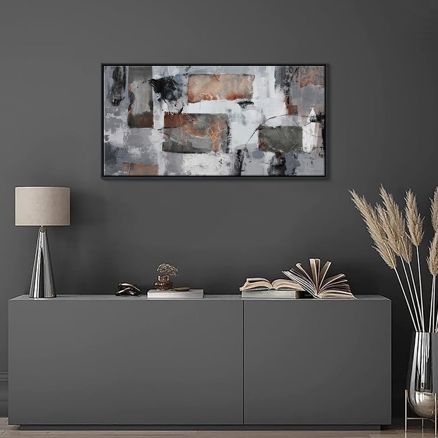 Large Abstract Wall Art Grey Black Framed Canvas