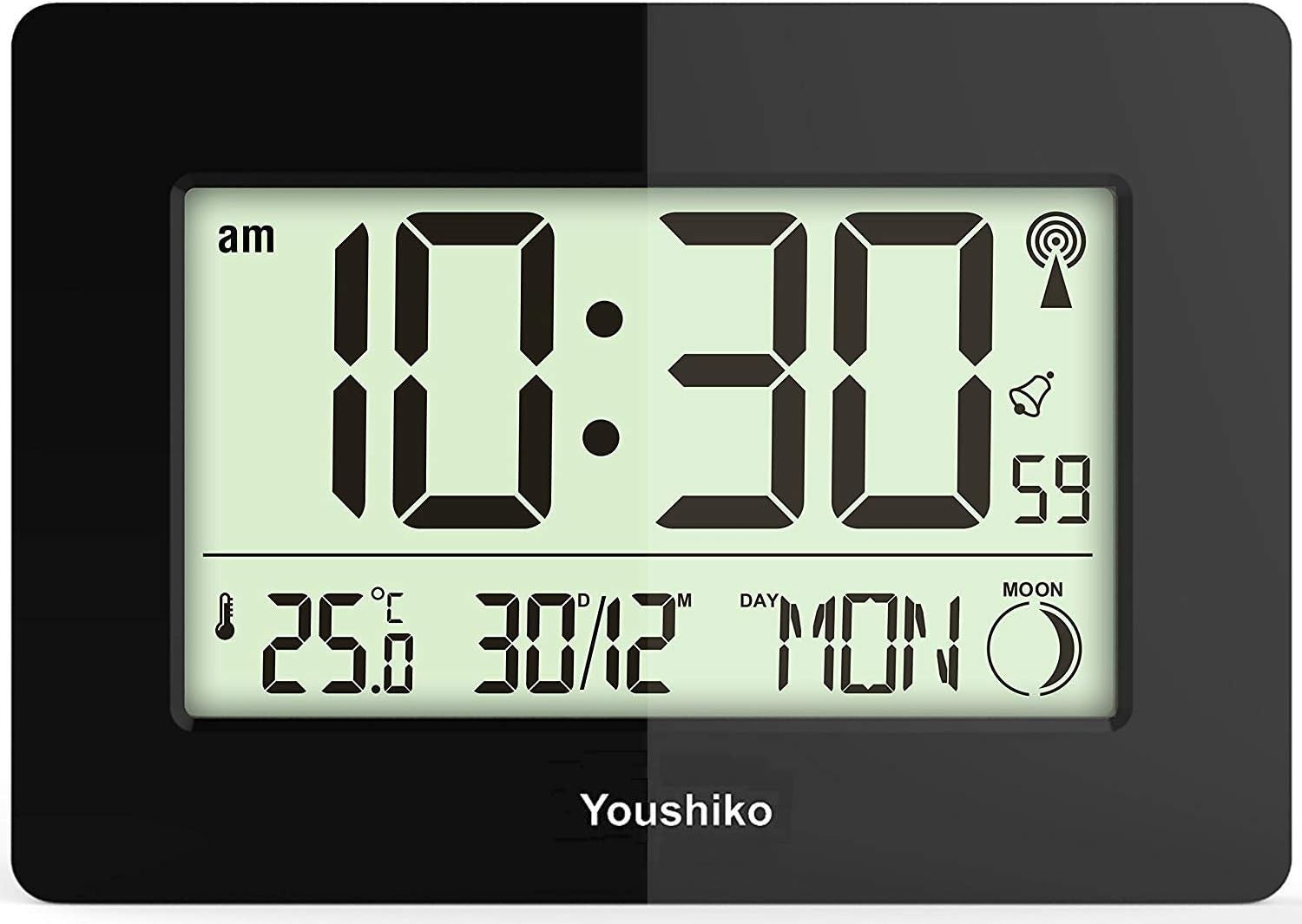 Large LCD Radio-Controlled Wall Clock Black Silent Auto-Set Temp Day Date