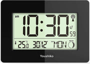 Large LCD Radio-Controlled Wall Clock Black Silent Auto-Set Temp Day Date