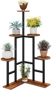 6 Tier Rustic Brown Metal Wood Plant Stand | Indoor Corner Shelf for Multiple