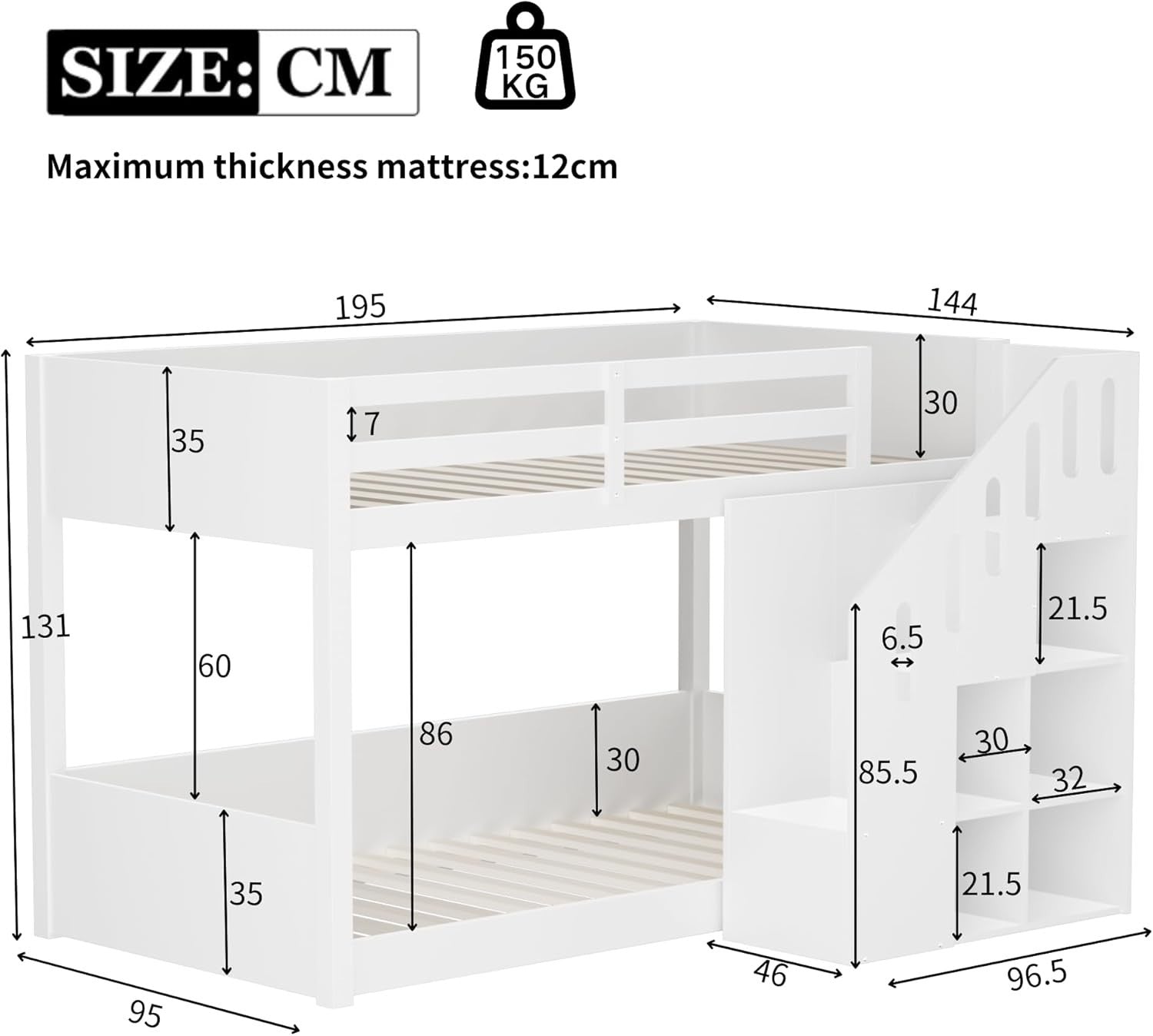 Space-Saving 3FT Kids Bunk Bed with Storage Stairs, Cabinets & Safety Railings